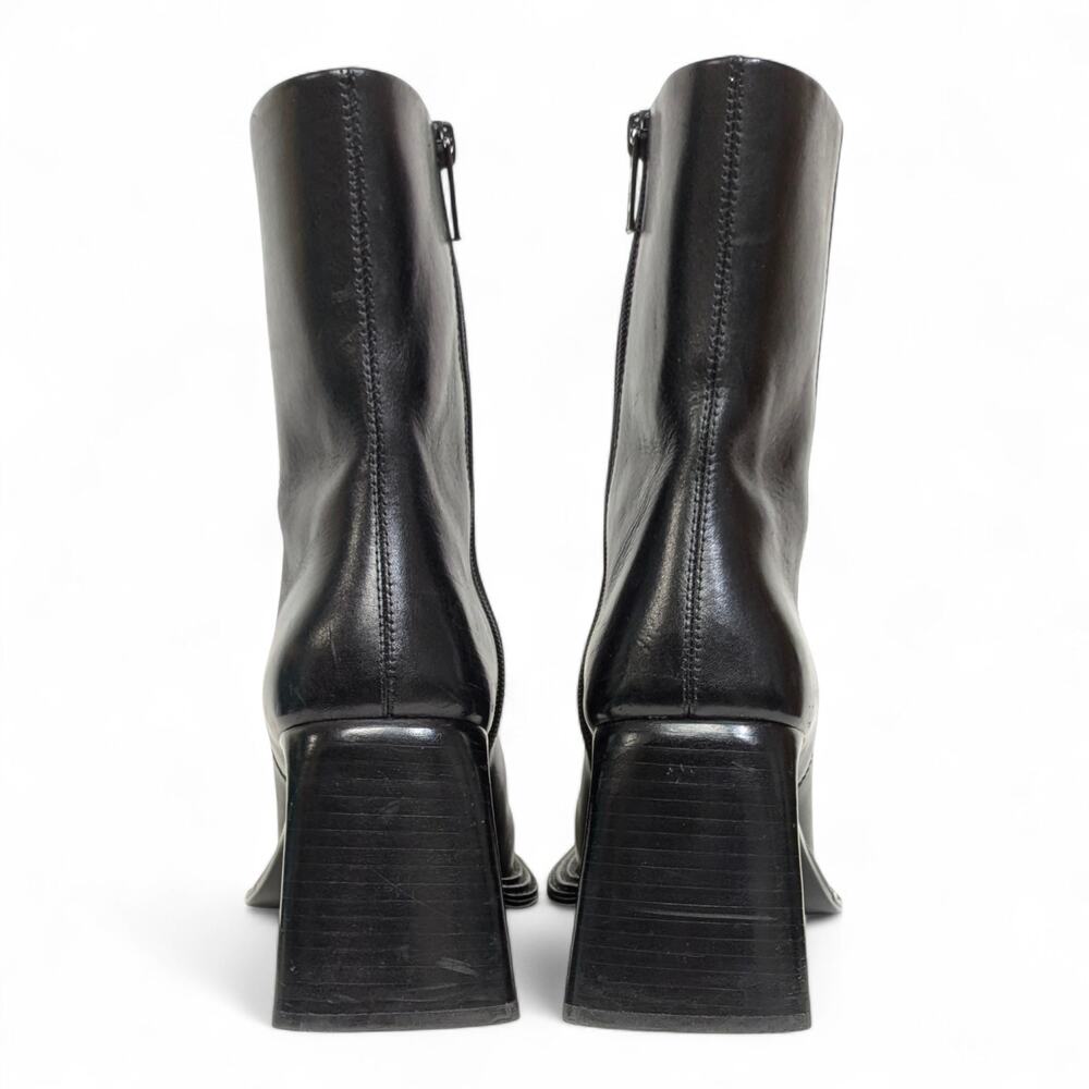 Wang Black Leather Square Toe Sculptural Flare Heel Ankle Boot Minimalist 10 - Picture 5 of 10
